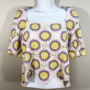 WEEK& Granny Square Crochet Knit Square Neck Sweater S/M